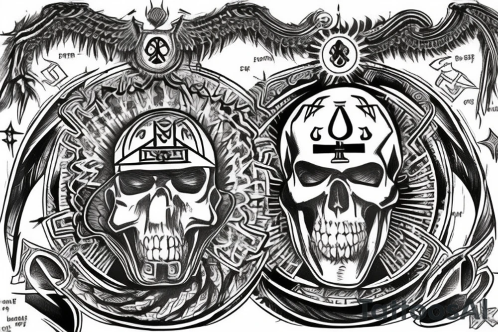 I'm looking for a full back tattoo that incorporates military service, warrior mindset, family, skulls/death, rebirth, freemasonry, connection to the universe, the all seeing eye, dice, time. tattoo idea