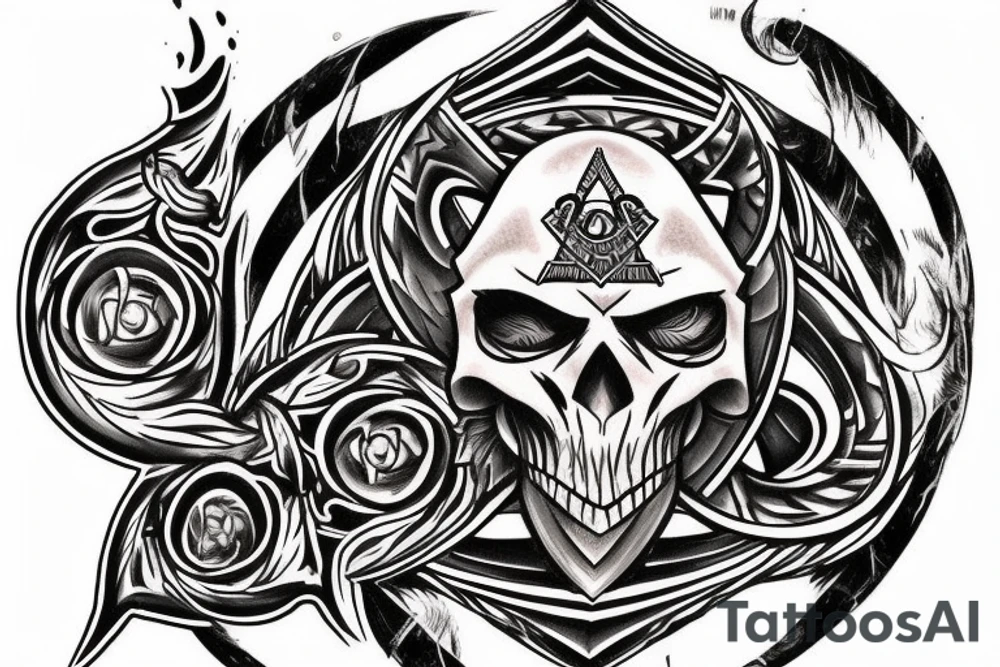 I'm looking for a full back tattoo that incorporates military service, warrior mindset, family, skulls/death, rebirth, freemasonry, connection to the universe, the all seeing eye, dice, time. tattoo idea