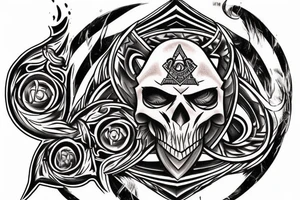 I'm looking for a full back tattoo that incorporates military service, warrior mindset, family, skulls/death, rebirth, freemasonry, connection to the universe, the all seeing eye, dice, time. tattoo idea