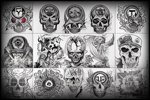 I'm looking for a full back tattoo that incorporates military service, warrior mindset, family, skulls/death, rebirth, freemasonry, connection to the universe, the all seeing eye, dice, time. tattoo idea