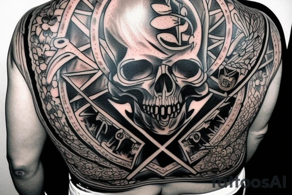 I'm looking for a full back tattoo that incorporates military service, warrior mindset, family, skulls/death, rebirth, freemasonry, connection to the universe, the all seeing eye, dice, time. tattoo idea