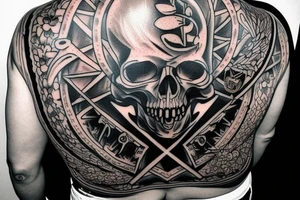 I'm looking for a full back tattoo that incorporates military service, warrior mindset, family, skulls/death, rebirth, freemasonry, connection to the universe, the all seeing eye, dice, time. tattoo idea