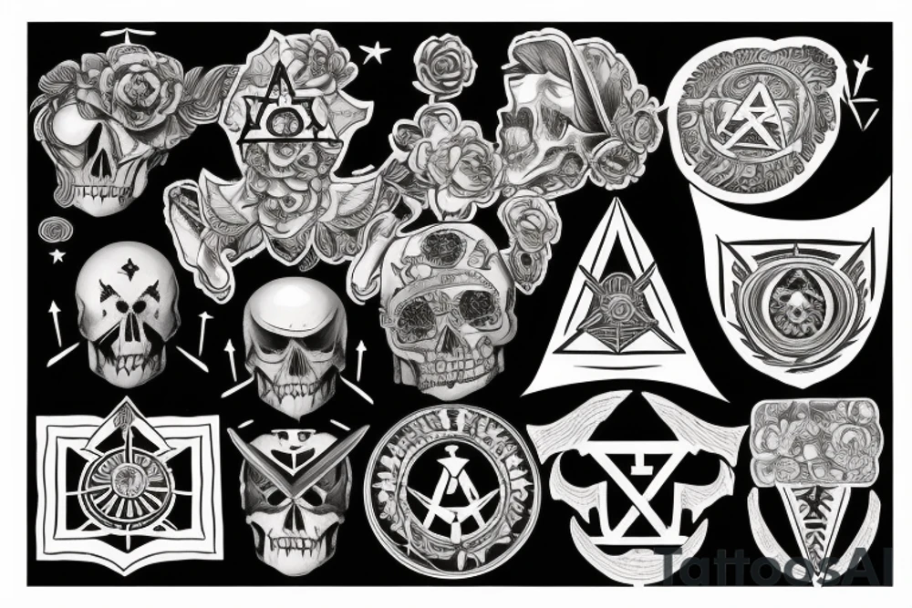 I'm looking for a full back tattoo that incorporates military service, warrior mindset, family, skulls/death, rebirth, freemasonry, connection to the universe, the all seeing eye, dice, time. tattoo idea