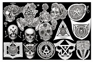 I'm looking for a full back tattoo that incorporates military service, warrior mindset, family, skulls/death, rebirth, freemasonry, connection to the universe, the all seeing eye, dice, time. tattoo idea