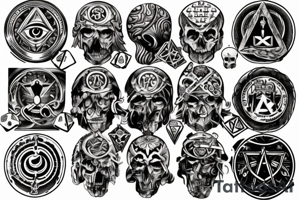 I'm looking for a full back tattoo that incorporates military service, warrior mindset, family, skulls/death, rebirth, freemasonry, connection to the universe, the all seeing eye, dice, time. tattoo idea
