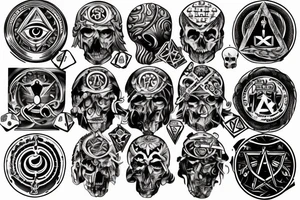 I'm looking for a full back tattoo that incorporates military service, warrior mindset, family, skulls/death, rebirth, freemasonry, connection to the universe, the all seeing eye, dice, time. tattoo idea