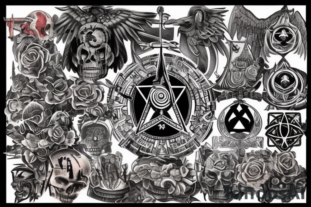 I'm looking for a full back tattoo that incorporates military service, warrior mindset, family, skulls/death, rebirth, freemasonry, connection to the universe, the all seeing eye, dice, time. tattoo idea