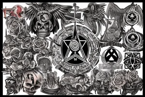 I'm looking for a full back tattoo that incorporates military service, warrior mindset, family, skulls/death, rebirth, freemasonry, connection to the universe, the all seeing eye, dice, time. tattoo idea