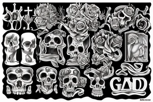 a dark and realistic graveyard whith tombs and all you ca find in a cementery tattoo idea