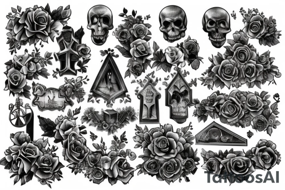 a dark and realistic graveyard whith tombs and all you ca find in a cementery tattoo idea