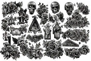 a dark and realistic graveyard whith tombs and all you ca find in a cementery tattoo idea