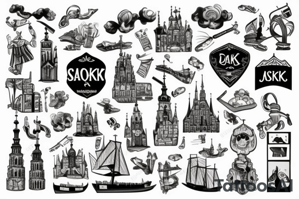 Gdansk themed, photorealistic with cartoon elements, with panorama of the city tattoo idea