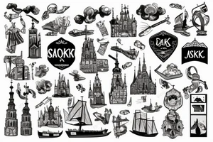 Gdansk themed, photorealistic with cartoon elements, with panorama of the city tattoo idea