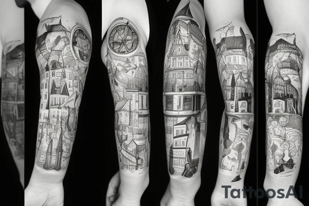 Gdansk themed, photorealistic with cartoon elements, with panorama of the city tattoo idea