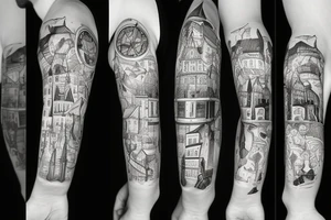 Gdansk themed, photorealistic with cartoon elements, with panorama of the city tattoo idea