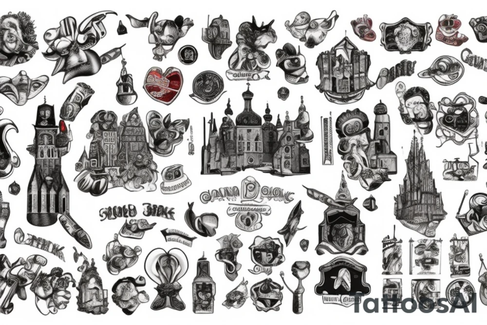 Gdansk themed, photorealistic with cartoon elements, with panorama of the city tattoo idea