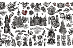 Gdansk themed, photorealistic with cartoon elements, with panorama of the city tattoo idea