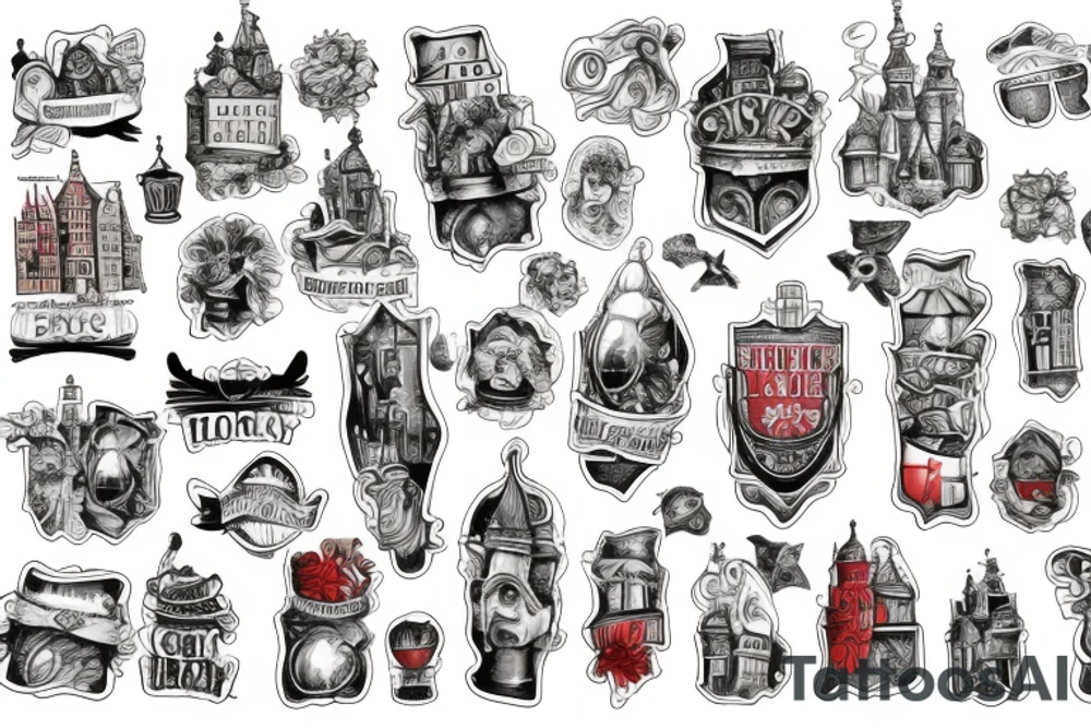 Gdansk themed, photorealistic with cartoon elements, with panorama of the city tattoo idea