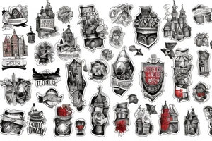 Gdansk themed, photorealistic with cartoon elements, with panorama of the city tattoo idea