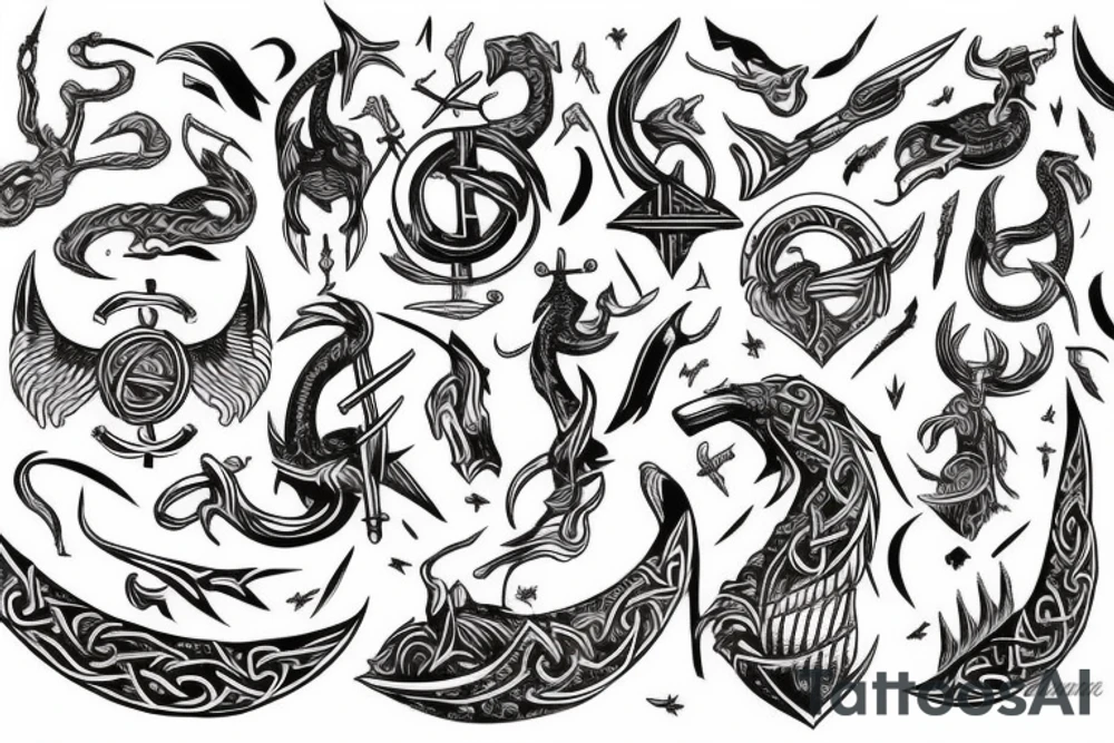 Black with red elements, Nordic mythology, Viking ship tattoo idea