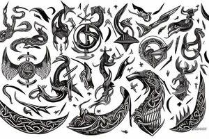 Black with red elements, Nordic mythology, Viking ship tattoo idea