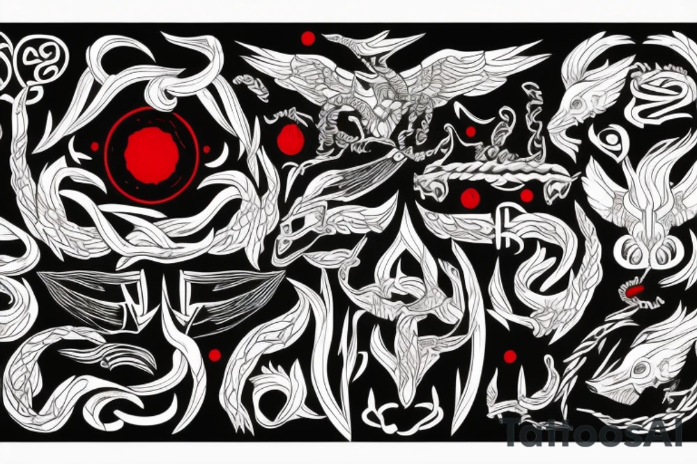 Black with red elements, Nordic mythology, Viking ship tattoo idea
