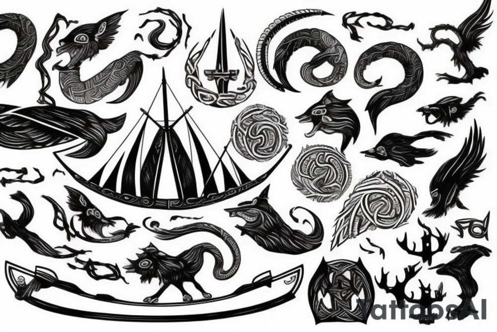 Black with red elements, Nordic mythology, Viking ship tattoo idea Black with red elements, Nordic mythology, Viking ship tattoo idea