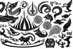 Black with red elements, Nordic mythology, Viking ship tattoo idea