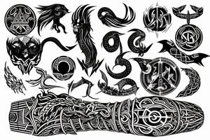 Black with red elements, Nordic mythology, Viking ship tattoo idea