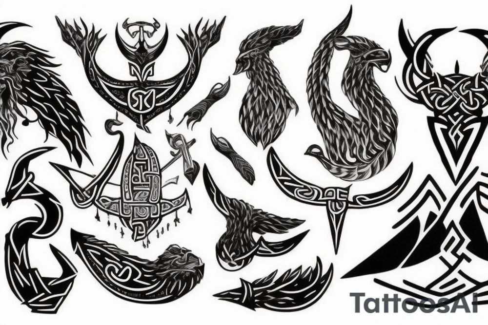 Black with red elements, Nordic mythology, Viking ship tattoo idea Black with red elements, Nordic mythology, Viking ship tattoo idea