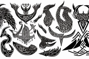 Black with red elements, Nordic mythology, Viking ship tattoo idea