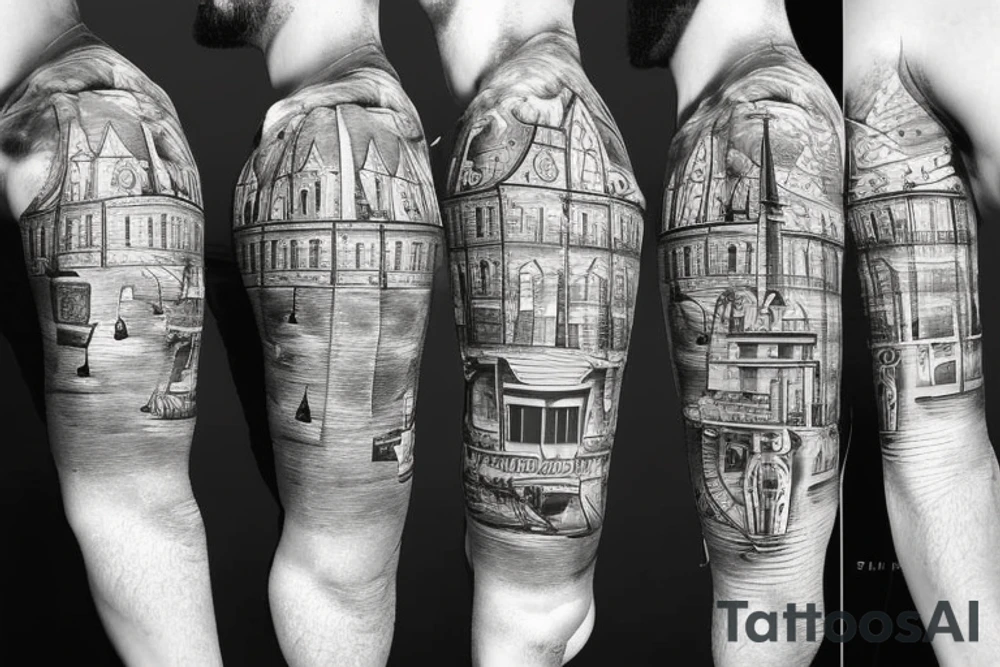 Gdansk themed, photorealistic with cartoon elements, with panorama of the city tattoo idea