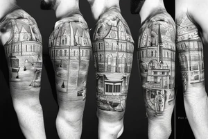 Gdansk themed, photorealistic with cartoon elements, with panorama of the city tattoo idea