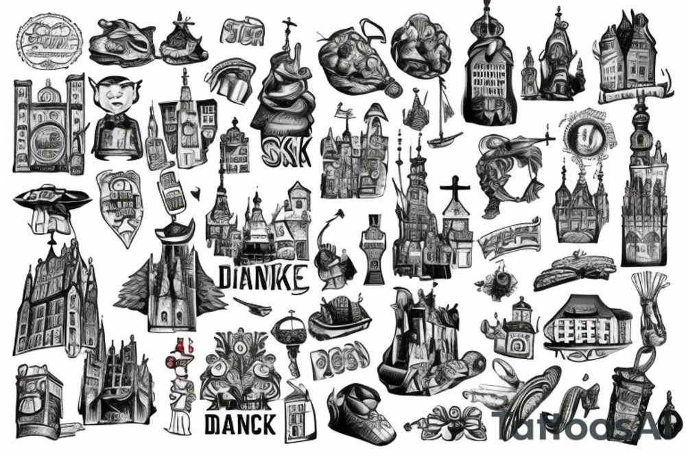 Gdansk themed, photorealistic with cartoon elements, with panorama of the city tattoo idea