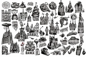 Gdansk themed, photorealistic with cartoon elements, with panorama of the city tattoo idea