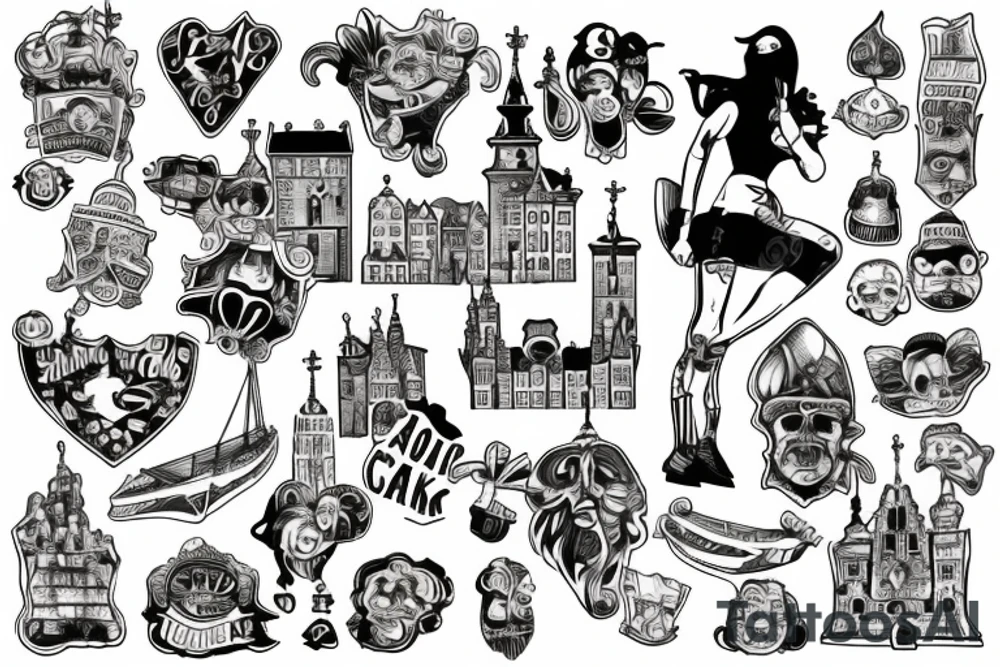 Gdansk themed, photorealistic with cartoon elements, with panorama of the city tattoo idea