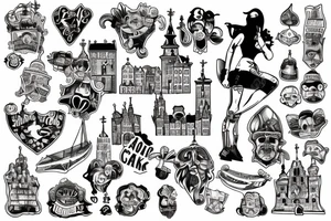 Gdansk themed, photorealistic with cartoon elements, with panorama of the city tattoo idea