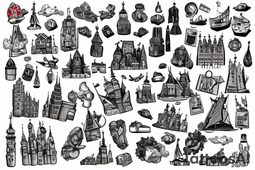 Gdansk themed, photorealistic with cartoon elements, with panorama of the city tattoo idea