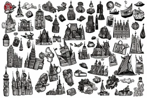 Gdansk themed, photorealistic with cartoon elements, with panorama of the city tattoo idea