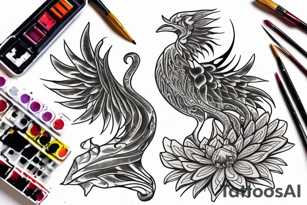 A phoenix wrapping around a lotus flower. Rising from the ashes tattoo idea A phoenix wrapping around a lotus flower. Rising from the ashes tattoo idea