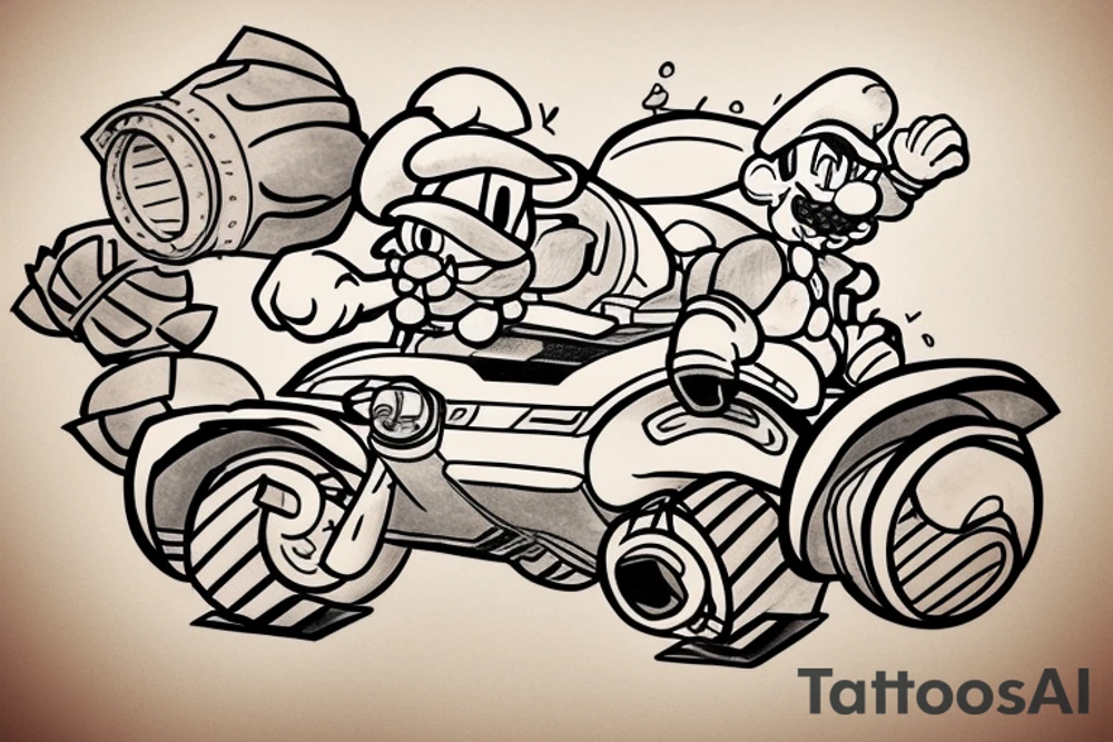 Luigi driving a tank throwing a koopa shell tattoo idea