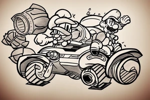 Luigi driving a tank throwing a koopa shell tattoo idea
