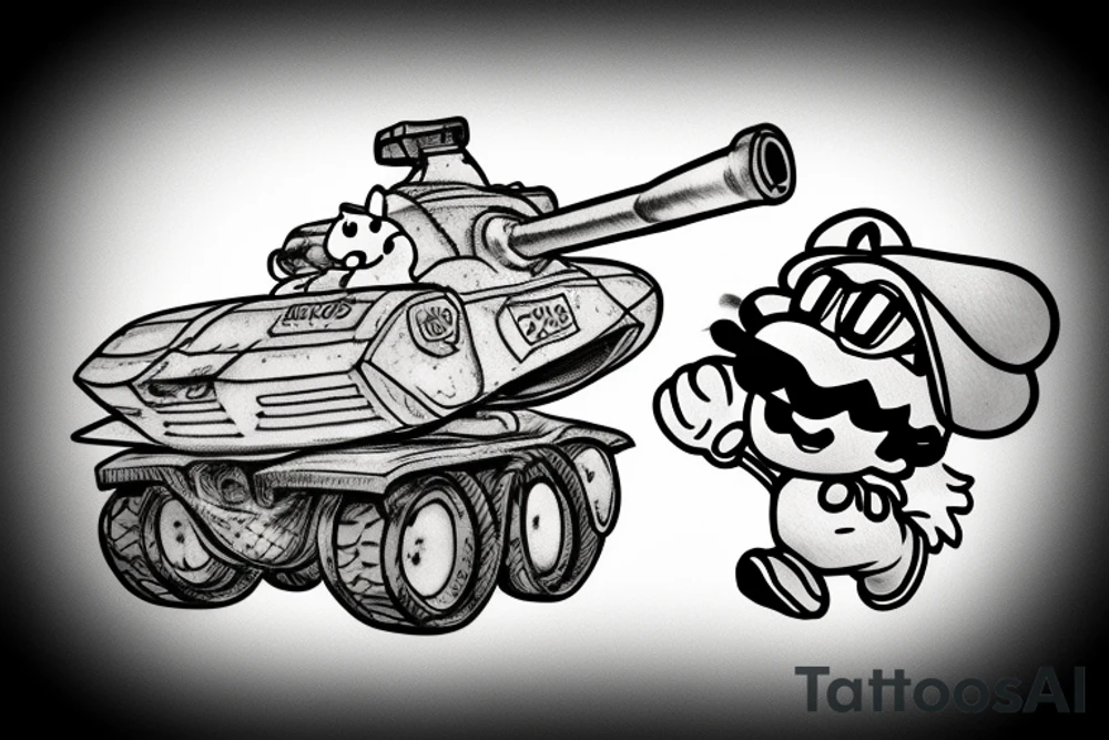 Luigi driving a tank throwing a koopa shell tattoo idea