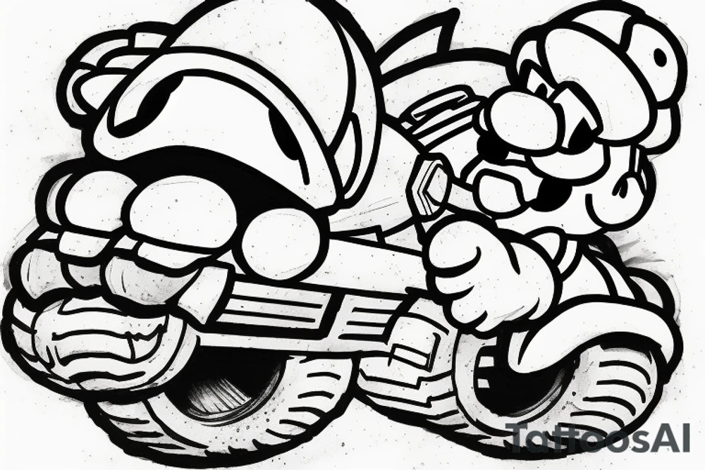 Luigi driving a tank throwing a koopa shell tattoo idea