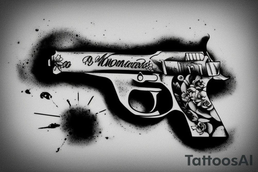 Gun which is in the moment of shooting, the bullet is in front of it tattoo idea