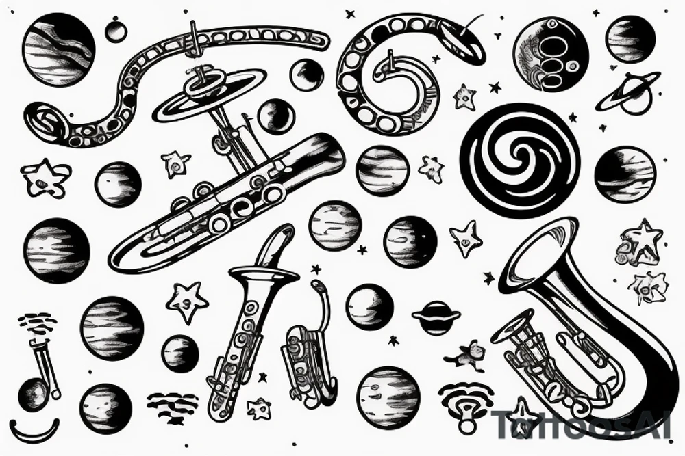 The solar system arranged in the shape of a saxophone tattoo idea