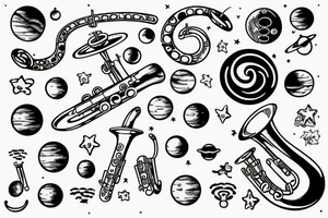 The solar system arranged in the shape of a saxophone tattoo idea
