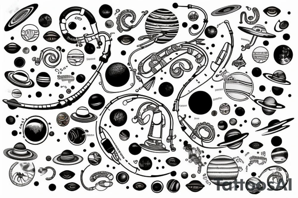 The solar system arranged in the shape of a saxophone tattoo idea
