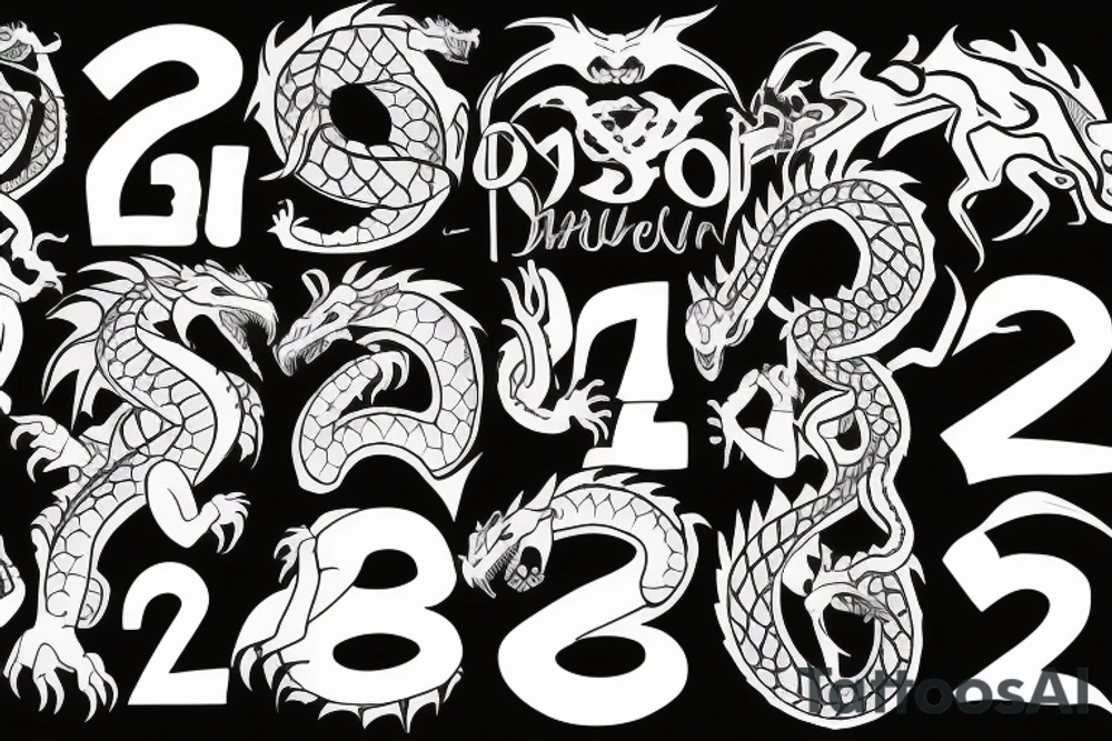 the number "21" around which a dragon develops with an inscription on the body "HUSTLE FOREVER" tattoo idea