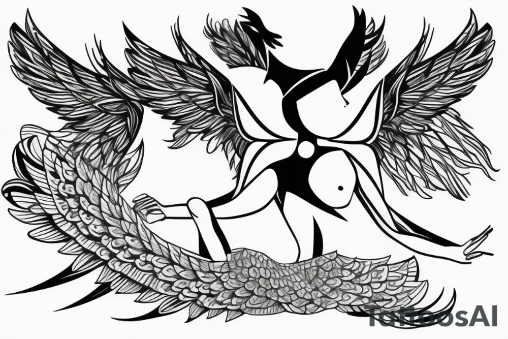flying female angel with wings in geometrical style tattoo idea